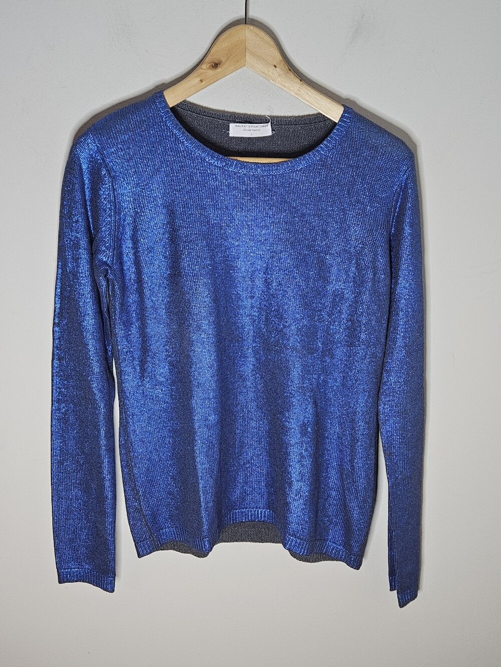 Majestic Filatures Metallic Blue Sweater Silk Wool Blend Scoop Neck 1 Women's XS